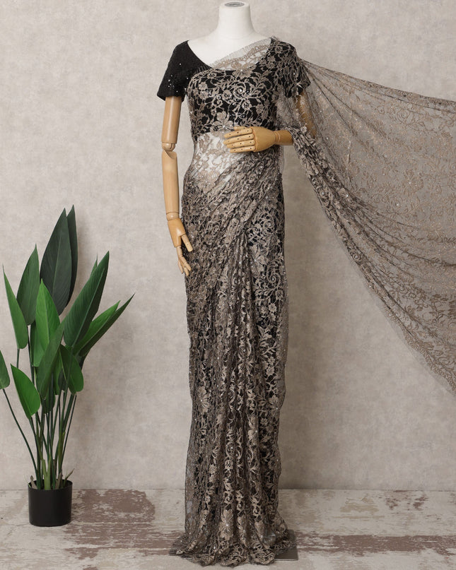 ساري فرنسي فاخر من الدانتيل بلونين برونزي وأسود مع زخارف حجرية - 5.5 متر - D21873