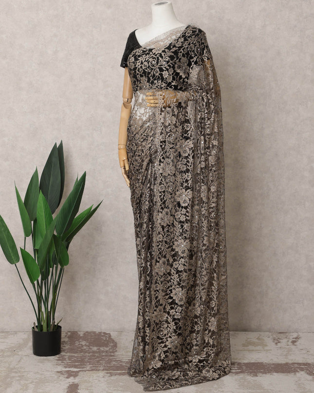 ساري فرنسي فاخر من الدانتيل بلونين برونزي وأسود مع زخارف حجرية - 5.5 متر - D21873