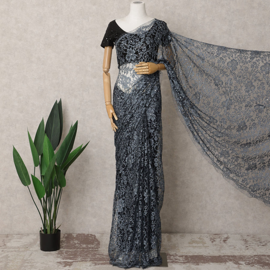 Charcoal Grey Premium French 2-Tone Chantilly Lace Saree with Stone Work – 5.5 Meters-D21874