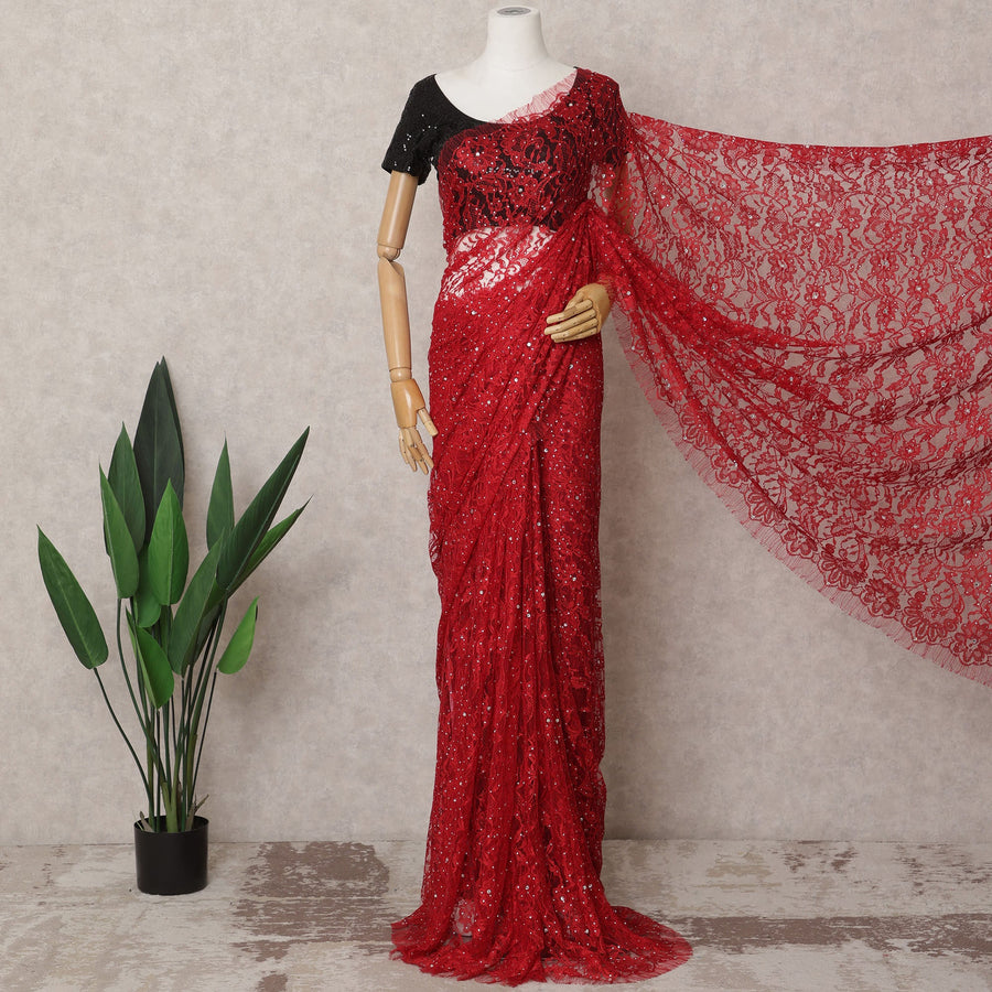 ساري فرنسي فاخر من الدانتيل باللون الأحمر الفاتح مع زخارف حجرية - 5.5 متر - D21876