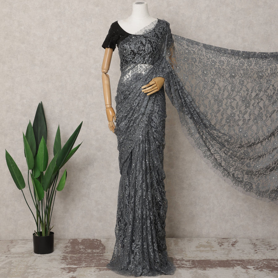 Slate Grey Premium French Chantilly Lace Saree with Stone Work – 5.5 Meters-D21877