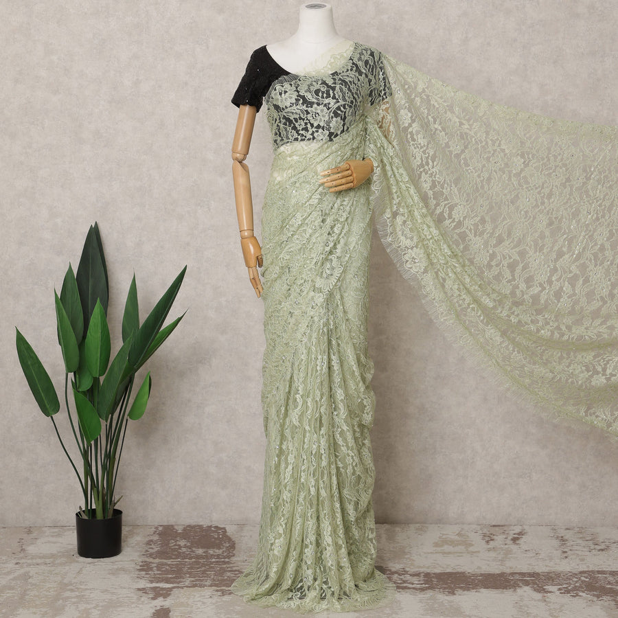Pastel Green Premium French Chantilly Lace Saree with Stone Work – 5.5 Meters-D21878