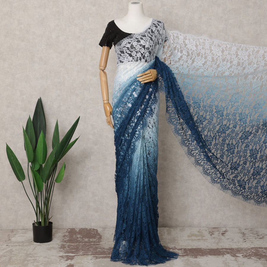 Blue & White Ombre Premium French Chantilly Lace Saree – 5.5 Meters-D21880