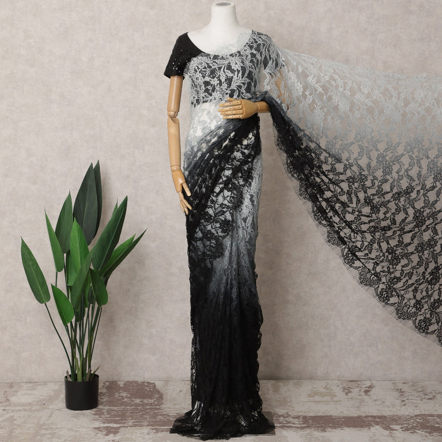 Black & Grey Ombre Premium French Chantilly Lace Saree – 5.5 Meters-D21885