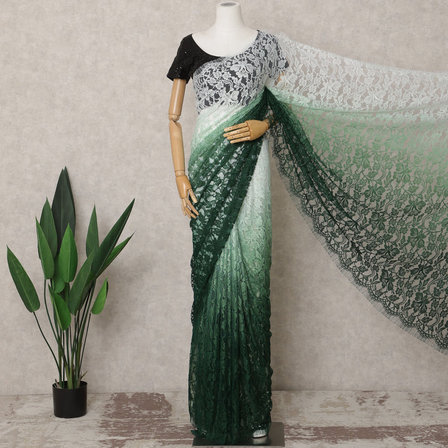 Green & White Ombre Premium French Chantilly Lace Saree – 5.5 Meters-D21888