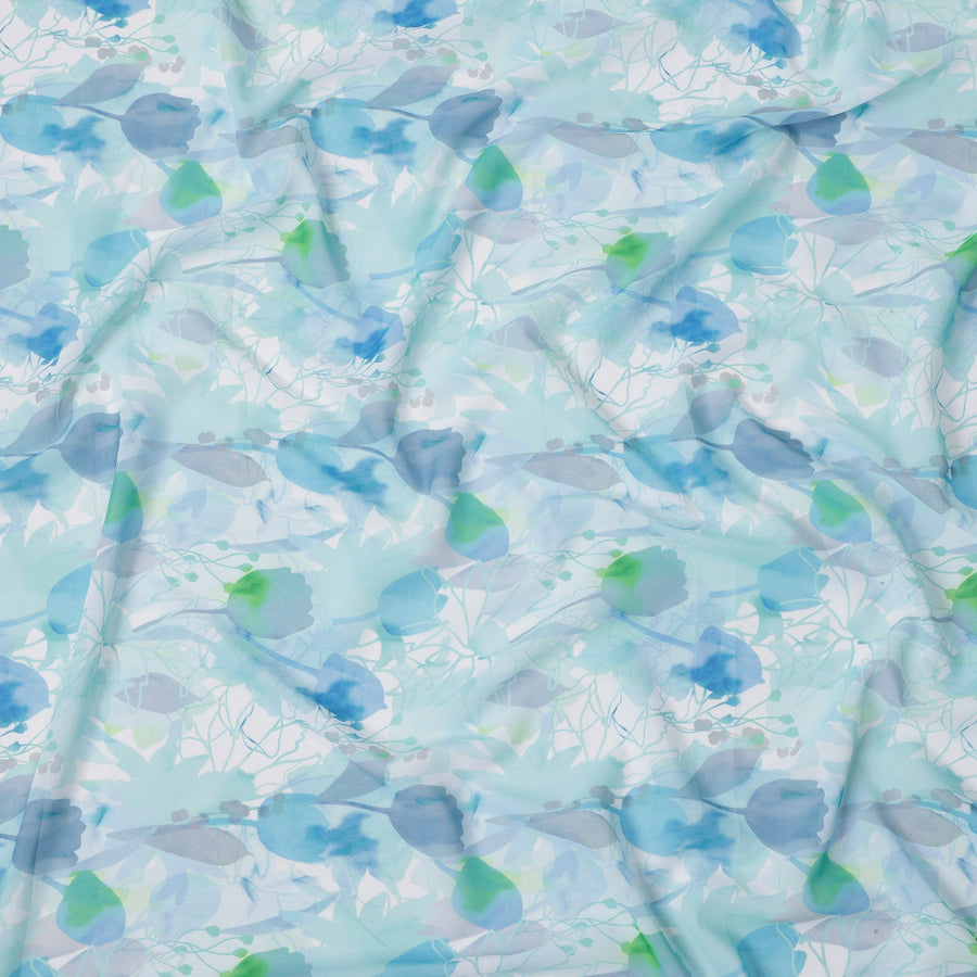 قماش جورجيت صناعي مزخرف باللون الأزرق المائي والأخضر - عرض 110 سم، ناعم وخفيف الوزن - D21891