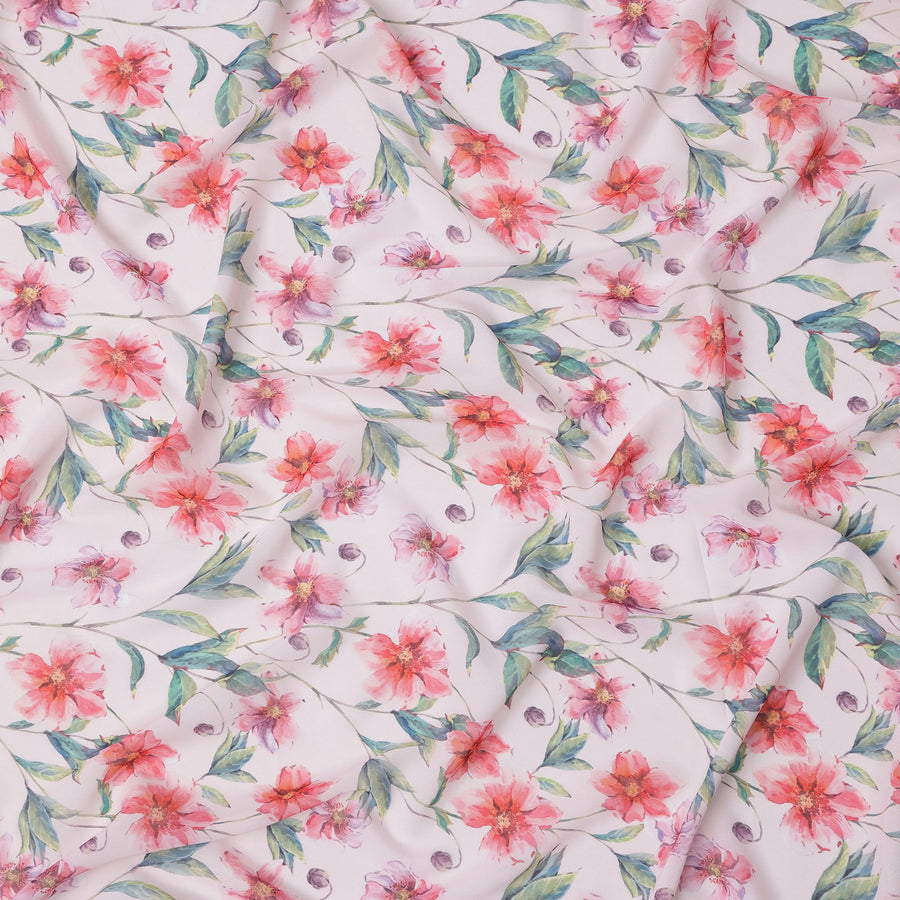 White and Coral Floral Synthetic Georgette Fabric – 110 cm Width, Soft & Lightweight-D21892