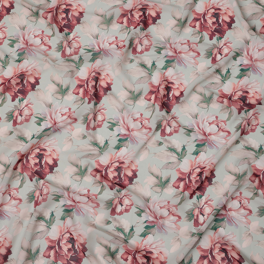 Sage Green and Burgundy Floral Synthetic Georgette Fabric – 110 cm Width, Soft & Lightweight-D21895