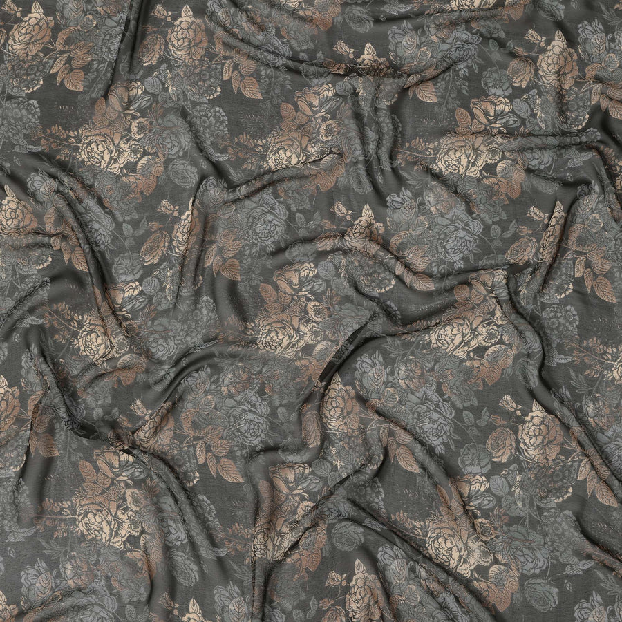 قماش جورجيت صناعي مزخرف باللون الرمادي الداكن والذهبي - عرض 110 سم، ناعم وخفيف الوزن - D21896