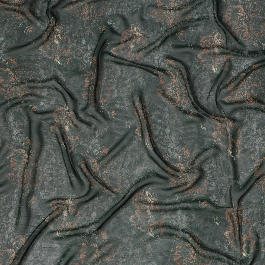 قماش جورجيت صناعي مزخرف باللون الأخضر الداكن والبرونزي - عرض 110 سم، ناعم وخفيف الوزن - D21897