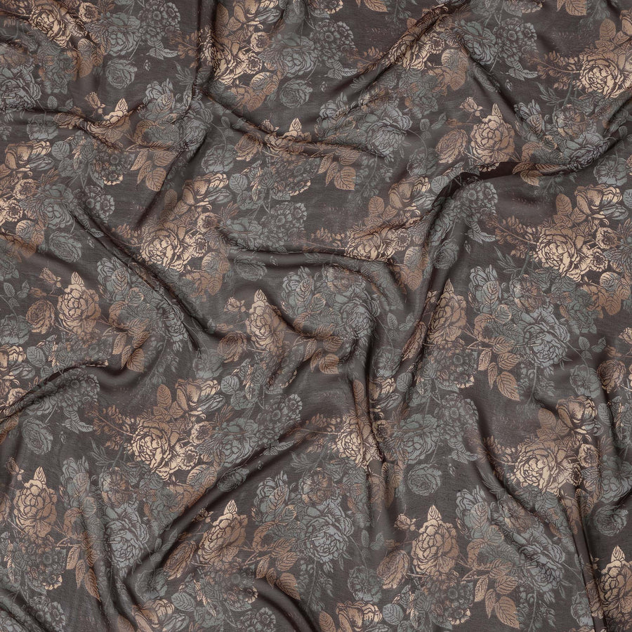 Brown and Bronze Floral Synthetic Georgette Fabric – 110 cm Width, Soft & Lightweight-D21898