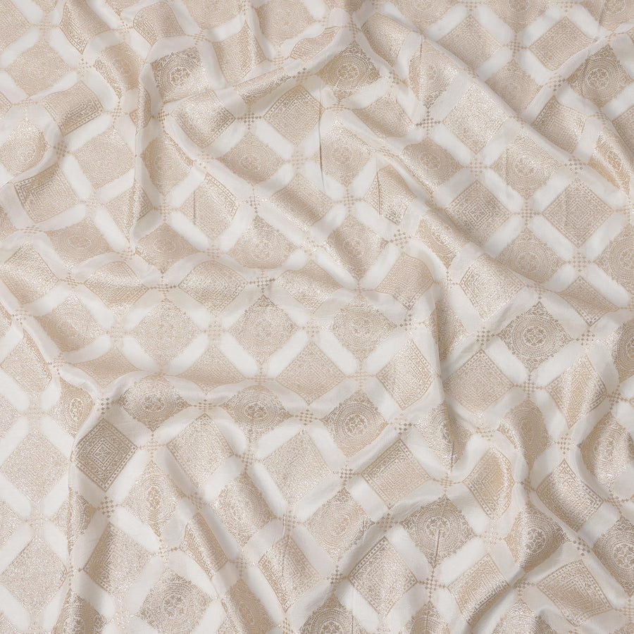 Ivory and Gold Geometric Synthetic Brocade Fabric – 110 cm Width, Elegant & Luxurious-D21903