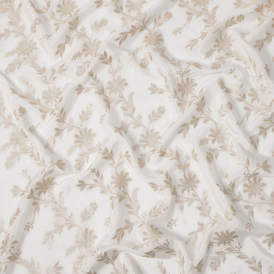 Off-White and Gold Floral Synthetic Brocade Fabric – 110 cm Width, Elegant & Luxurious-D21904