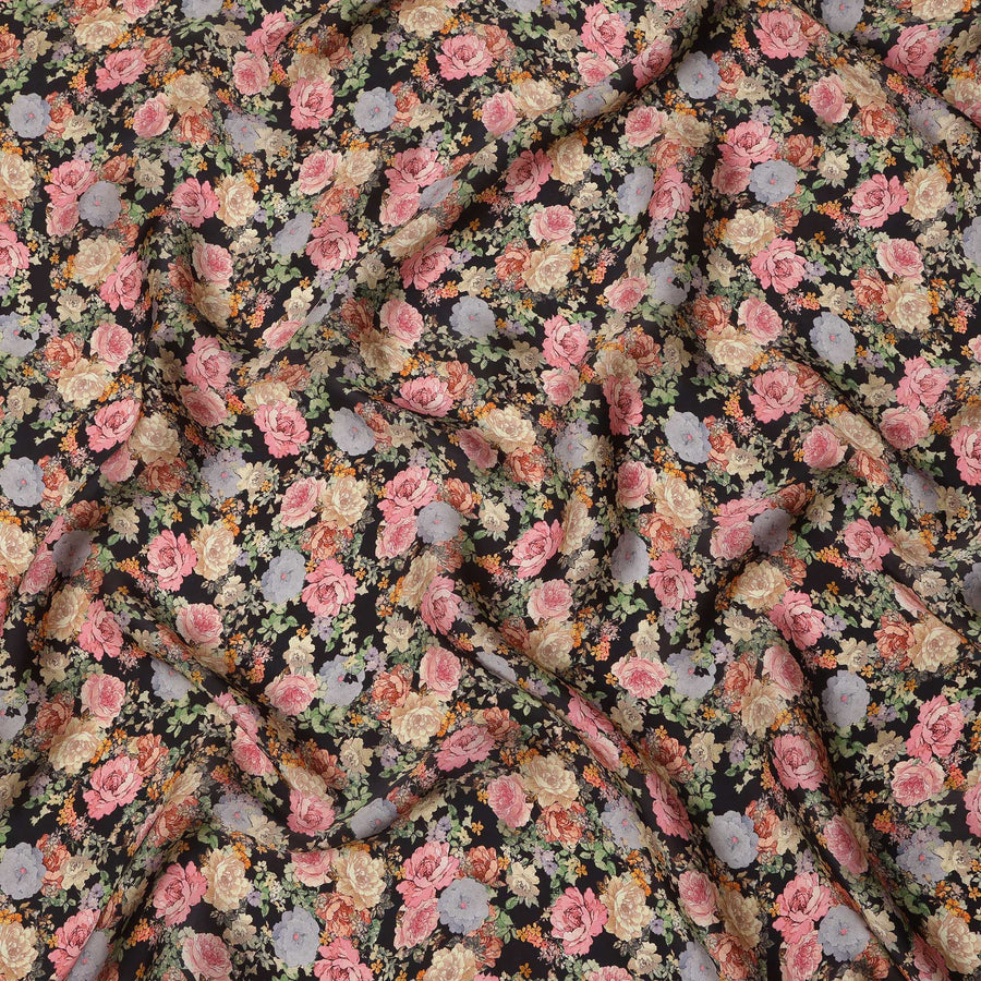 قماش ساتان صناعي مزخرف باللون الأسود ومتعدد الألوان - عرض 110 سم، ناعم ولامع - D21906