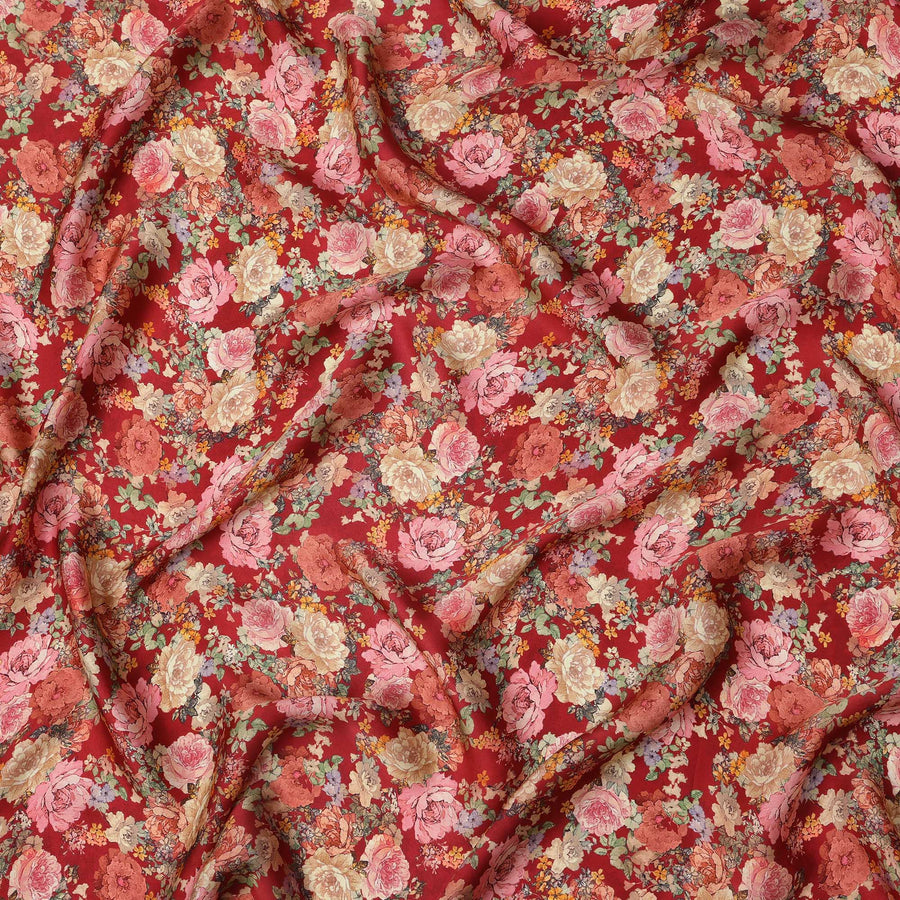 Red and Multicolor Floral Synthetic Satin Fabric – 110 cm Width, Soft & Lustrous-D21907