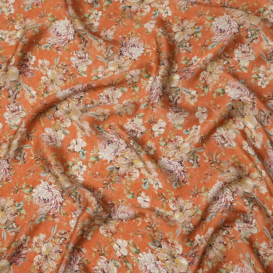 Orange and Multicolor Floral Synthetic Satin Fabric – 110 cm Width, Soft & Lustrous-D21908