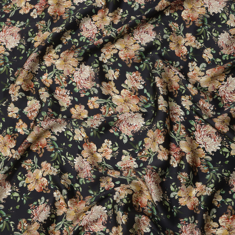 قماش ساتان صناعي مزخرف باللونين الأسود والبيج - عرض 110 سم، ناعم ولامع - D21909