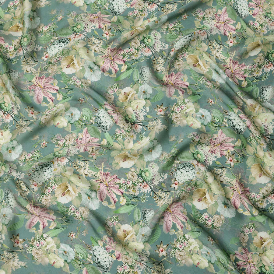 Sage Green and Multicolor Floral Synthetic Satin Fabric – 110 cm Width, Soft & Lustrous-D21910