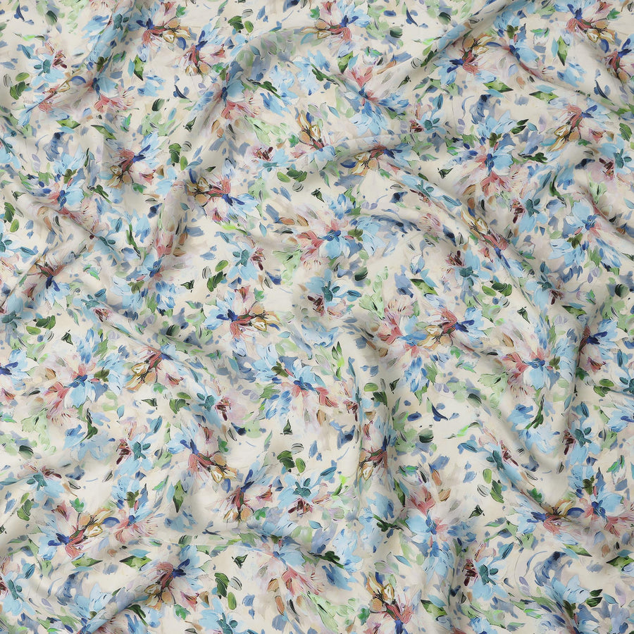 قماش ساتان صناعي مزخرف باللون العاجي والأزرق – عرض 110 سم، ناعم ولامع - D21911