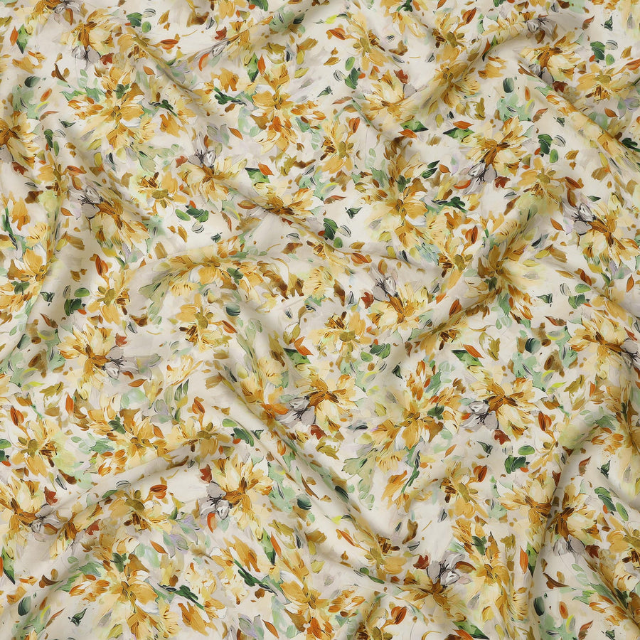 Ivory and Yellow Floral Synthetic Satin Fabric – 110 cm Width, Soft & Lustrous-D21912