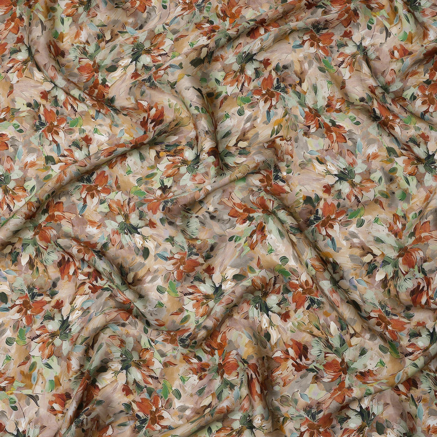 قماش ساتان صناعي مزخرف بنقشة زهور باللون البيج والصدأ – عرض 110 سم، ناعم ولامع - D21913