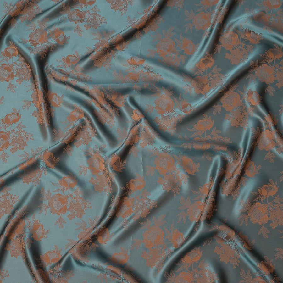 Teal Blue and Copper Pure Silk Satin Jacquard Fabric – 110 cm Width, Luxurious & Elegant-D21920