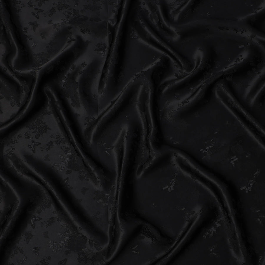 Black Pure Silk Satin Jacquard Fabric – 110 cm Width, Luxurious & Elegant-D21923