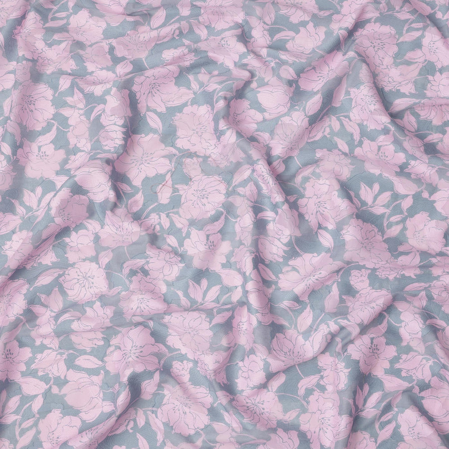 Dusty Blue & Soft Pink Floral Uragiri Cotton Voile Jacquard Fabric – 110cm Wide, Japan-D21927