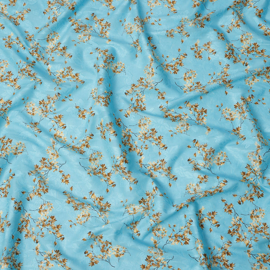 Sky Blue & Golden Brown Floral Uragiri Cotton Voile Jacquard Fabric – 110cm Wide, Japan-D21932