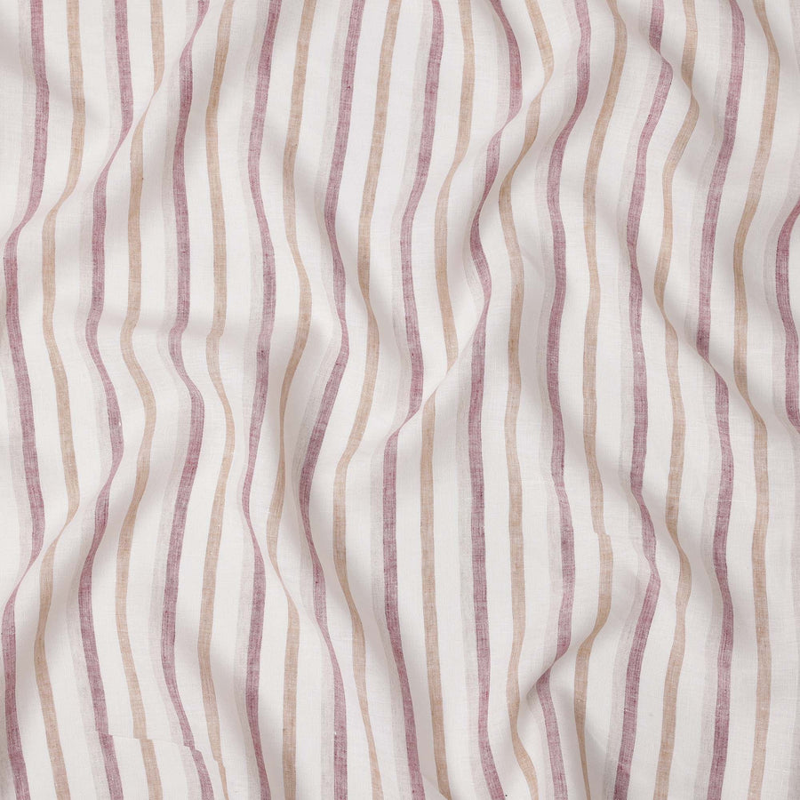 White, Beige & Burgundy Striped Pure Linen Printed Fabric – 150 cm Wide-D21993