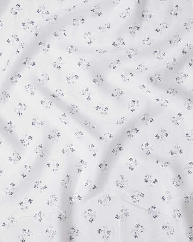 قماش كتان نقي مطبوع عليه زهور باللونين الأبيض والأزرق الداكن - عرض 150 سم - D21994