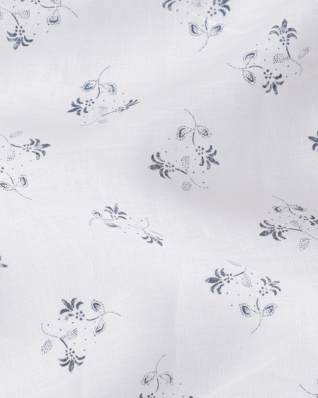 قماش كتان نقي مطبوع عليه زهور باللونين الأبيض والأزرق الداكن - عرض 150 سم - D21994