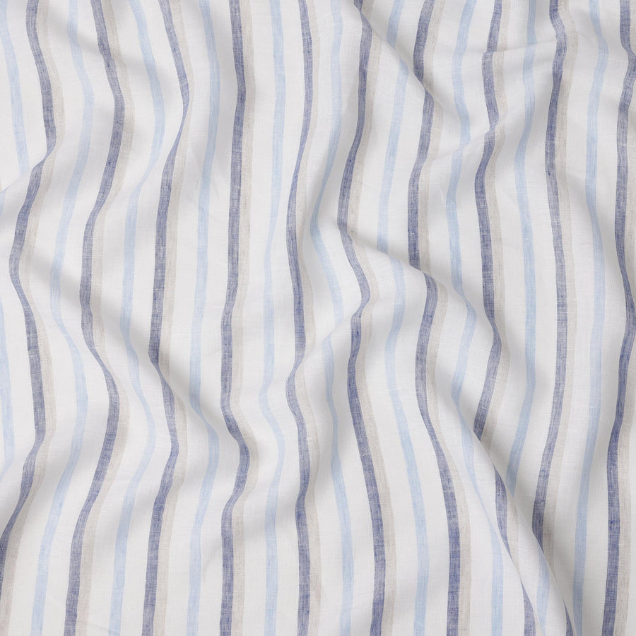 قماش كتان نقي مطبوع مخطط باللون الأبيض والأزرق الفاتح والكحلي - عرض 150 سم - D21995