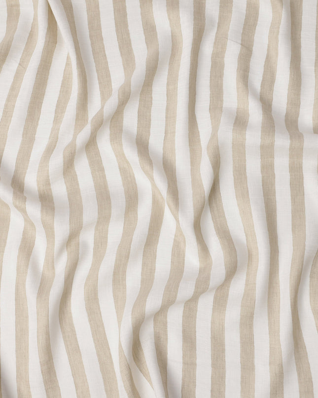 قماش كتان نقي مطبوع مخطط باللونين الأبيض والبيج - عرض 150 سم - D21998