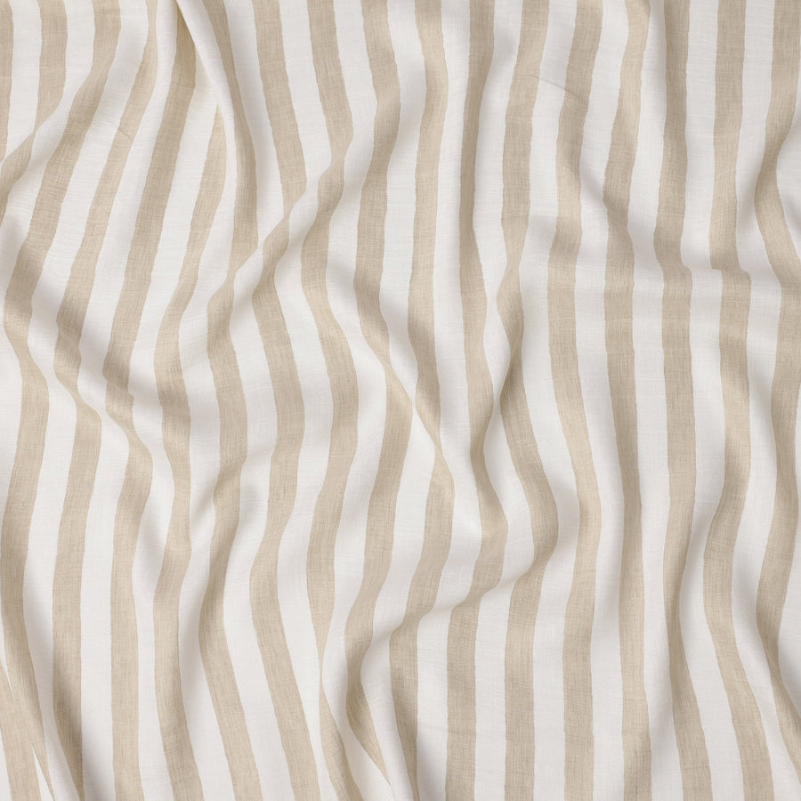 قماش كتان نقي مطبوع مخطط باللونين الأبيض والبيج - عرض 150 سم - D21998