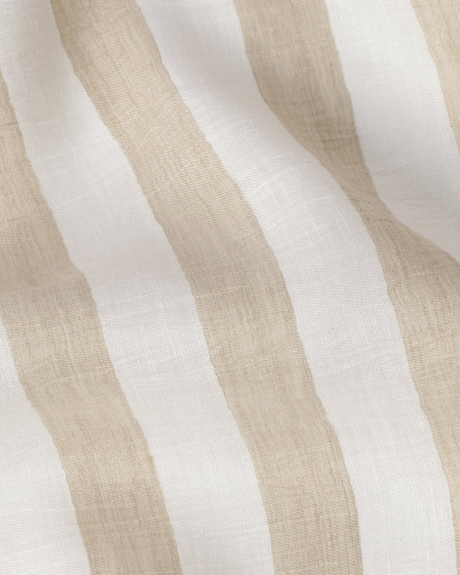 قماش كتان نقي مطبوع مخطط باللونين الأبيض والبيج - عرض 150 سم - D21998