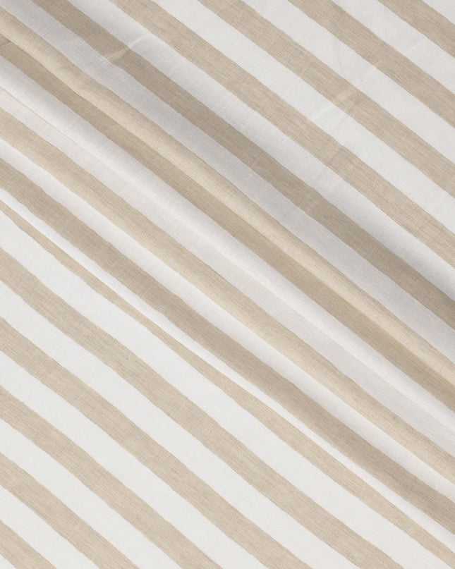 قماش كتان نقي مطبوع مخطط باللونين الأبيض والبيج - عرض 150 سم - D21998