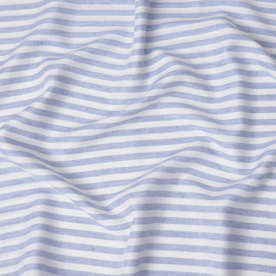 قماش كتان نقي مطبوع بخطوط أفقية باللونين الأبيض والأزرق الفاتح - عرض 150 سم - D21999