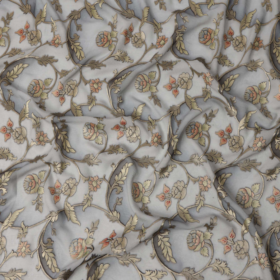 قماش جورجيت صناعي مطرز باللون الرمادي - عرض 110 سم، تصميم زهور، صنع في الهند - D22224