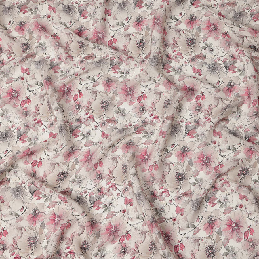 قماش فيسكوز زهري كريمي مطبوع رقميًا - عرض 110 سم، الهند - D22244