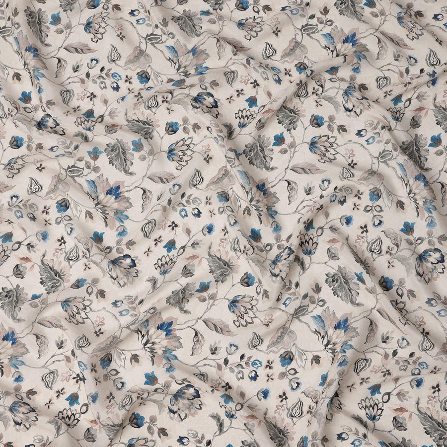 Off-White Blue Floral Viscose Digital Printed Fabric – 110 cm, Made in India-D22252