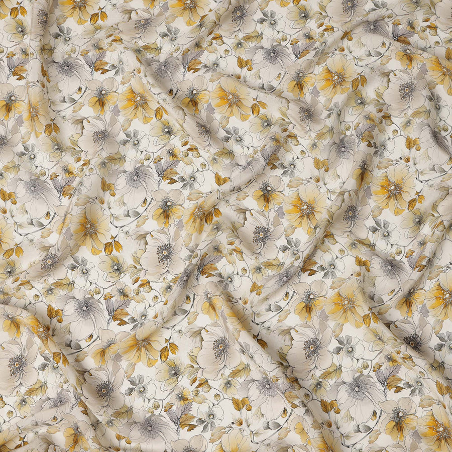 قماش فيسكوز مطبوع رقميًا بنقشة زهور صفراء فاتحة - 110 سم، صنع في الهند - D22254