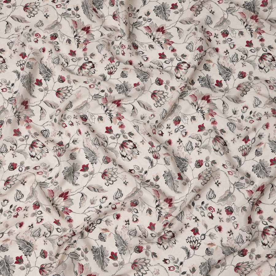 Off-White Red Floral Viscose Digital Printed Fabric – 110 cm, Made in India-D22255