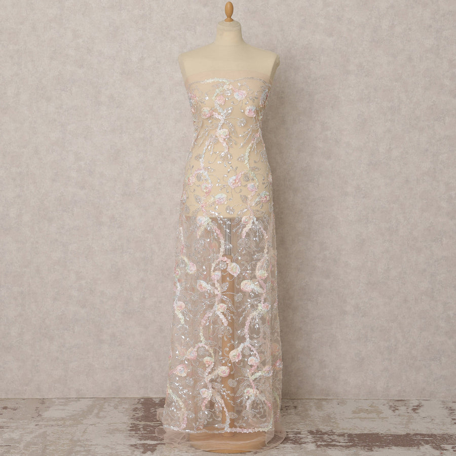 Light Peach Embroidered Nylon Tulle Fabric with Sequins – 135 Cms Wide, 3.5 Mtrs, Made in India-D22331