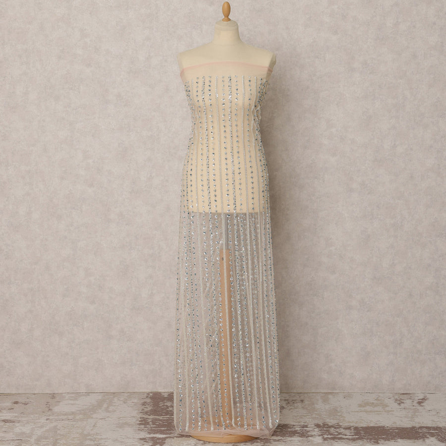 Light Peach Embroidered Nylon Tulle Fabric with Sequins – 135 Cms Wide, 3.5 Mtrs, Made in China-D22333