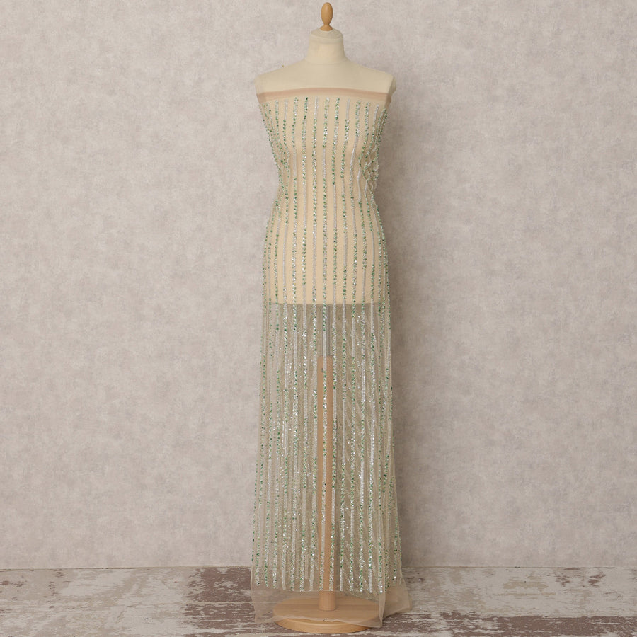 Light Peach Embroidered Nylon Tulle Fabric with Sequins – 135 Cms Wide, 3.5 Mtrs, Made in China-D22335