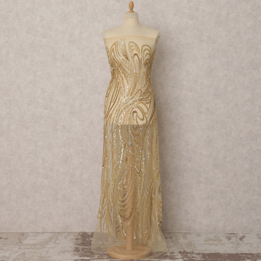 قماش نايلون تول مطرز بالذهب مع ترتر - عرض 135 سم، 3.5 متر، صنع في الصين - D22336