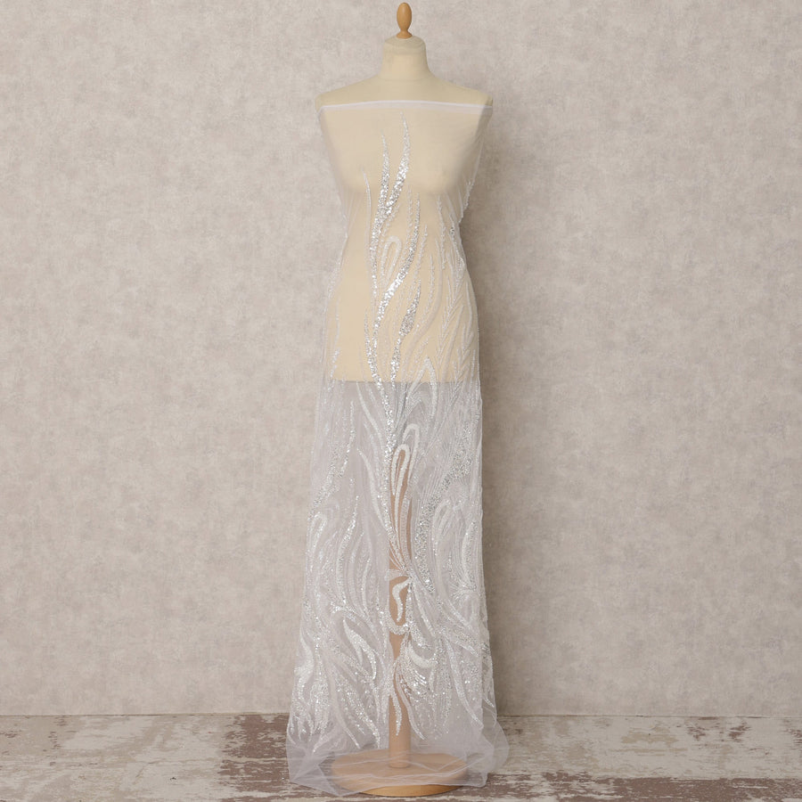 قماش نايلون تول أبيض مطرز بالترتر - عرض 135 سم، 3.5 متر، صنع في الصين - D22337