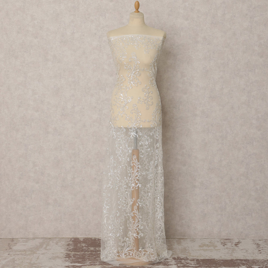 White Embroidered Nylon Tulle Fabric with Sequins & Floral Motifs – 135 Cms Wide, 3.5 Mtrs, Made in Taiwan-D22339