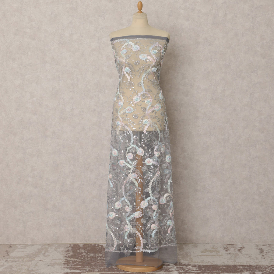 Grey Embroidered Nylon Tulle Fabric with Sequins – 135 Cms Wide, 3.5 Mtrs, Made in India-D22340